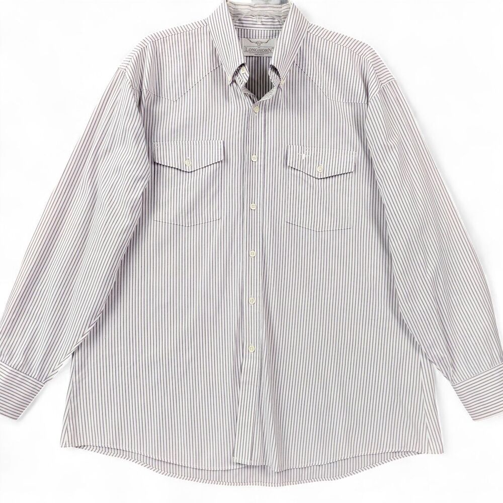VTG Longhorn Western Shirt Mens 2XL White Purple Stripe Button Front Long Sleeve